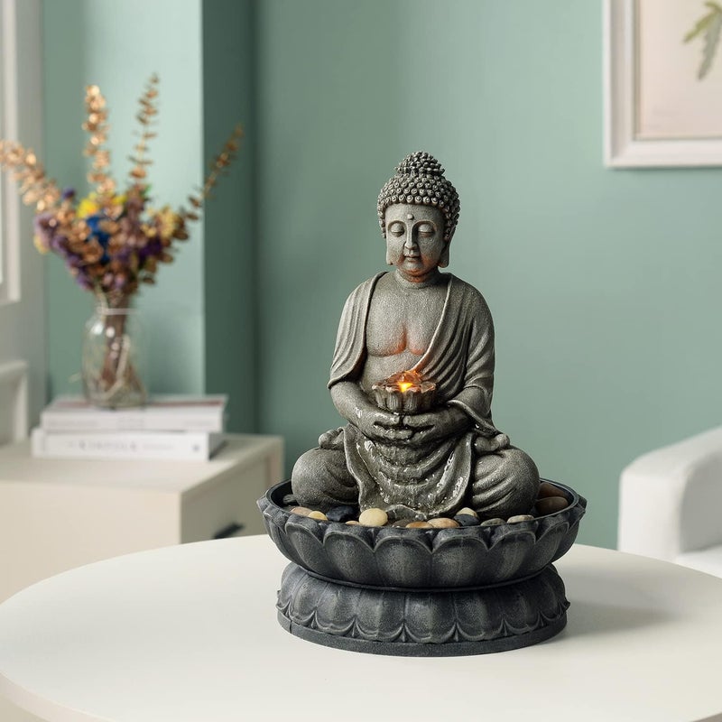 GOSSI 11.2 in Tall Indoor Décor Tabletop Buddha Fountains Desk Water Sitting Buddha Fountain Zen Fountain w/Reflective Lighting/Cobblestone Office and Home Decor - Image 4